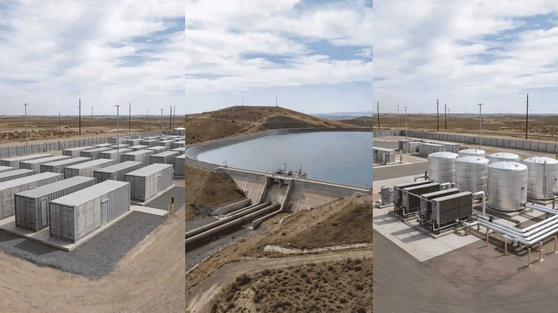 Different renewable energy storage systems including batteries and water storage