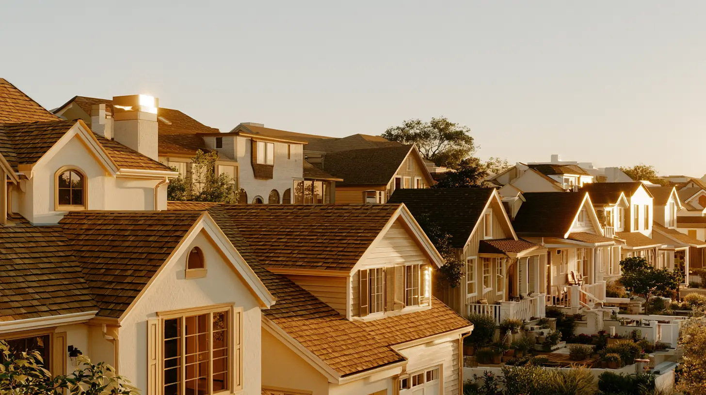Row of suburban houses with wooden shingle roofs in warm evening sunlight