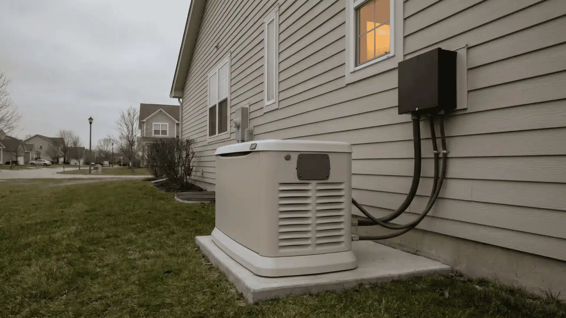 Home backup generator outside a house during a power outage, connected to the home.