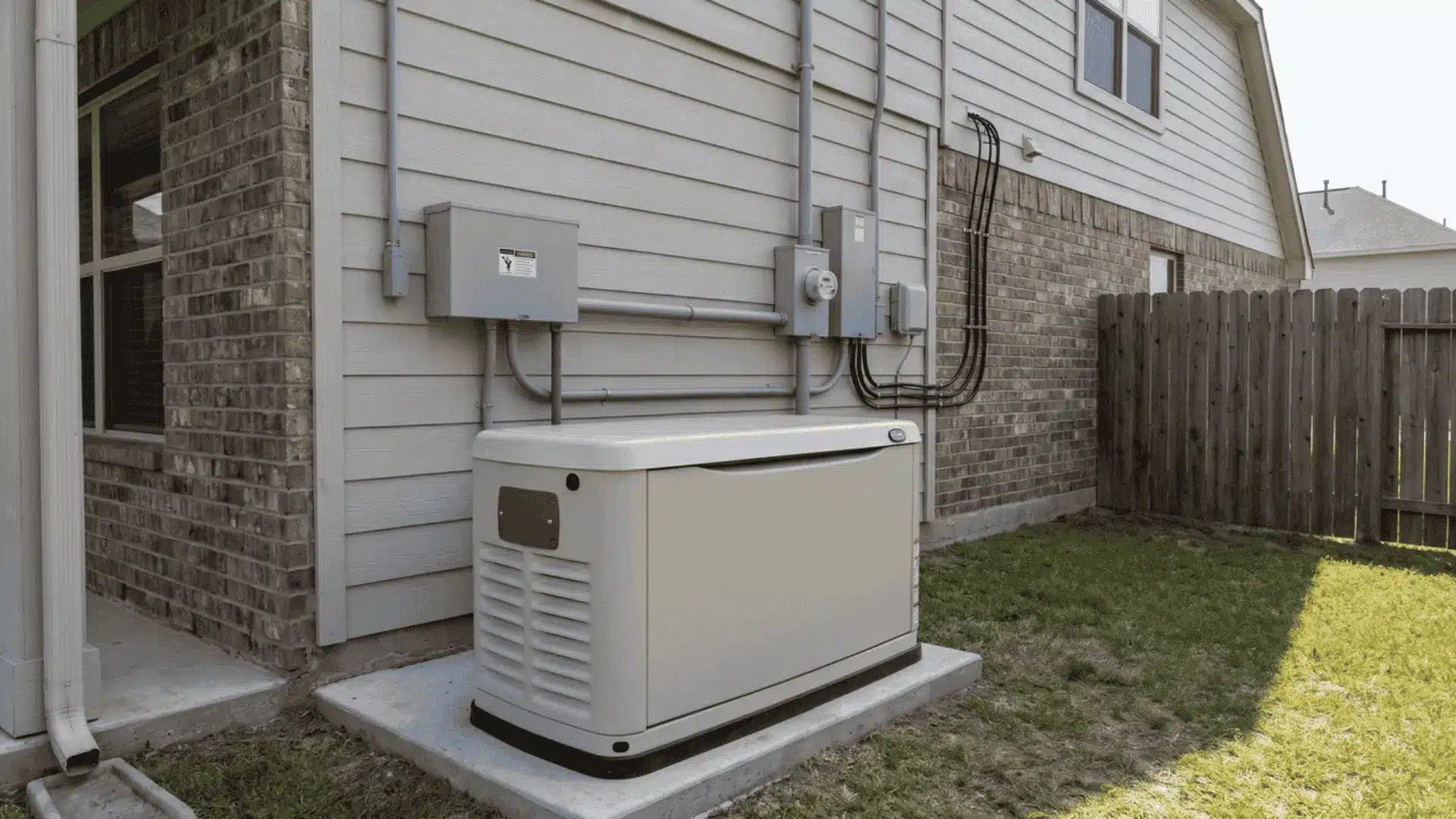 Home generator beside house illustrating matching generator capacity with essential home power needs