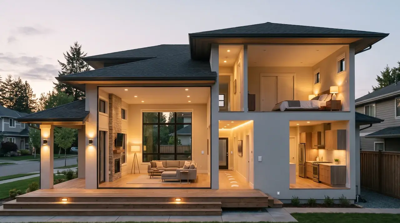 Modern home with automated porch and indoor lights turning on across several rooms at sunset.