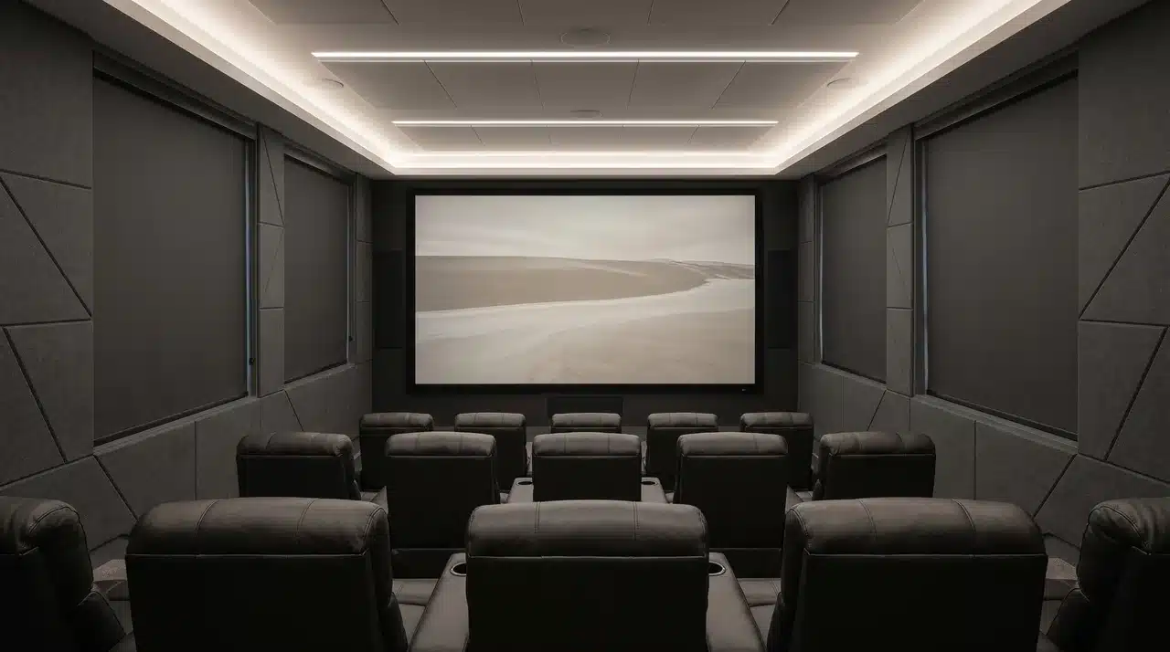 Tiered home theater seating facing projection screen with acoustic wall panels and blackout ceiling