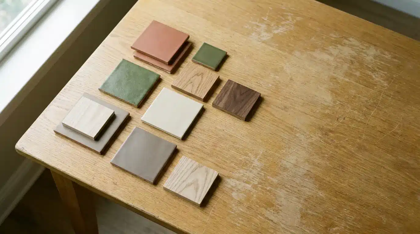 Wood and tile samples arranged on a wooden table near a window