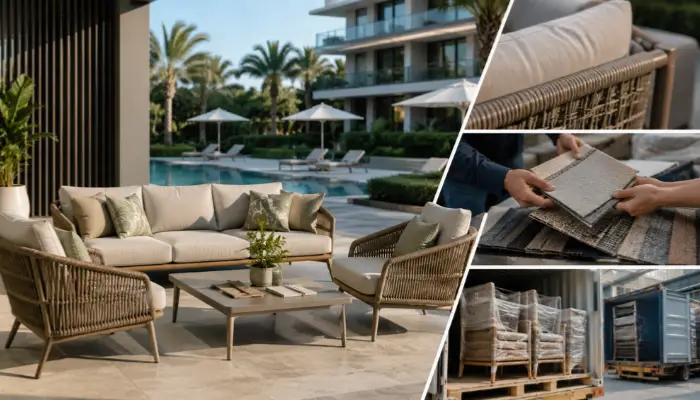 Outdoor wicker furniture set by a poolside with palm trees and loungers, composite detail images