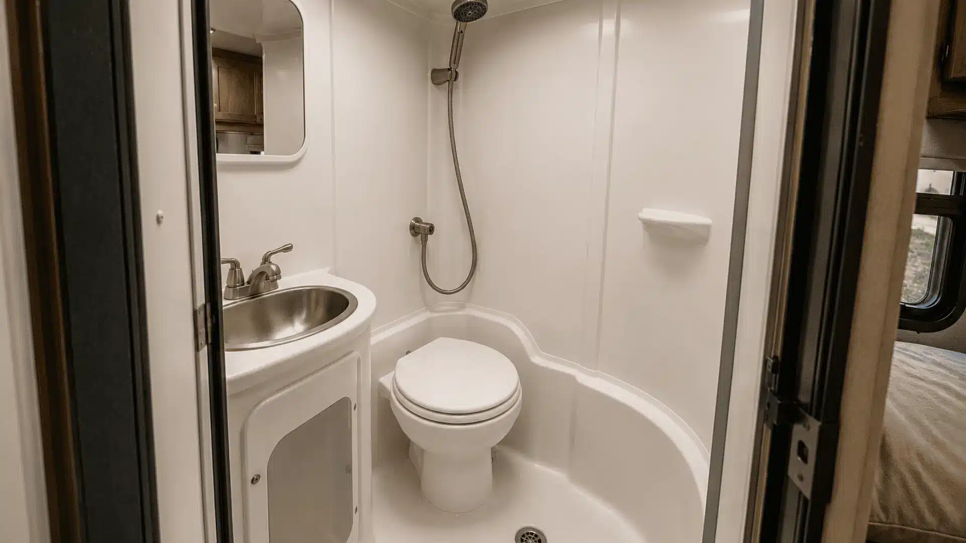 Wet bath with toilet, sink, showerhead, sealed walls, and a single floor drain inside a compact trailer