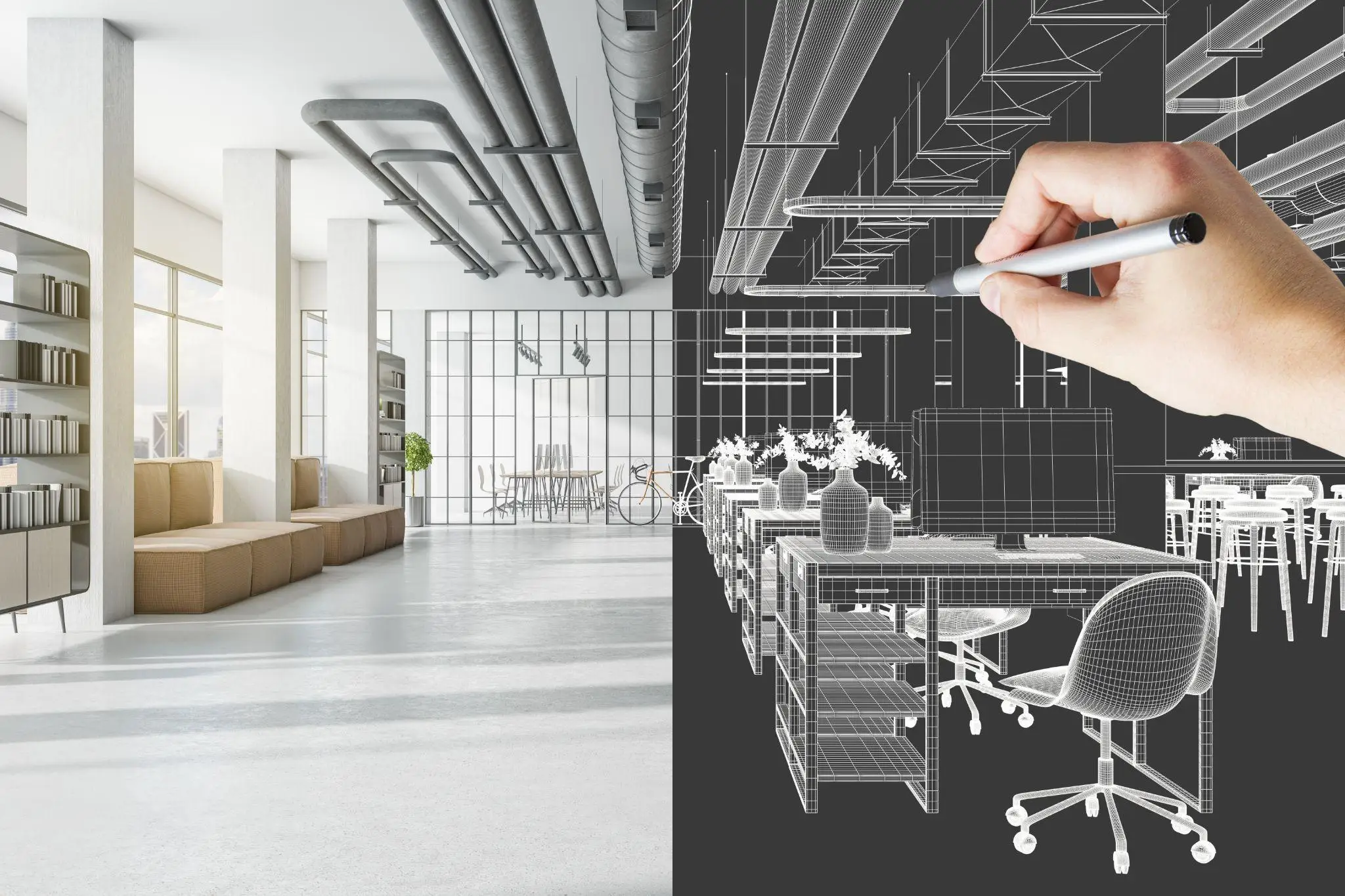 Split view of a modern office interior and its wireframe design with drafting hand