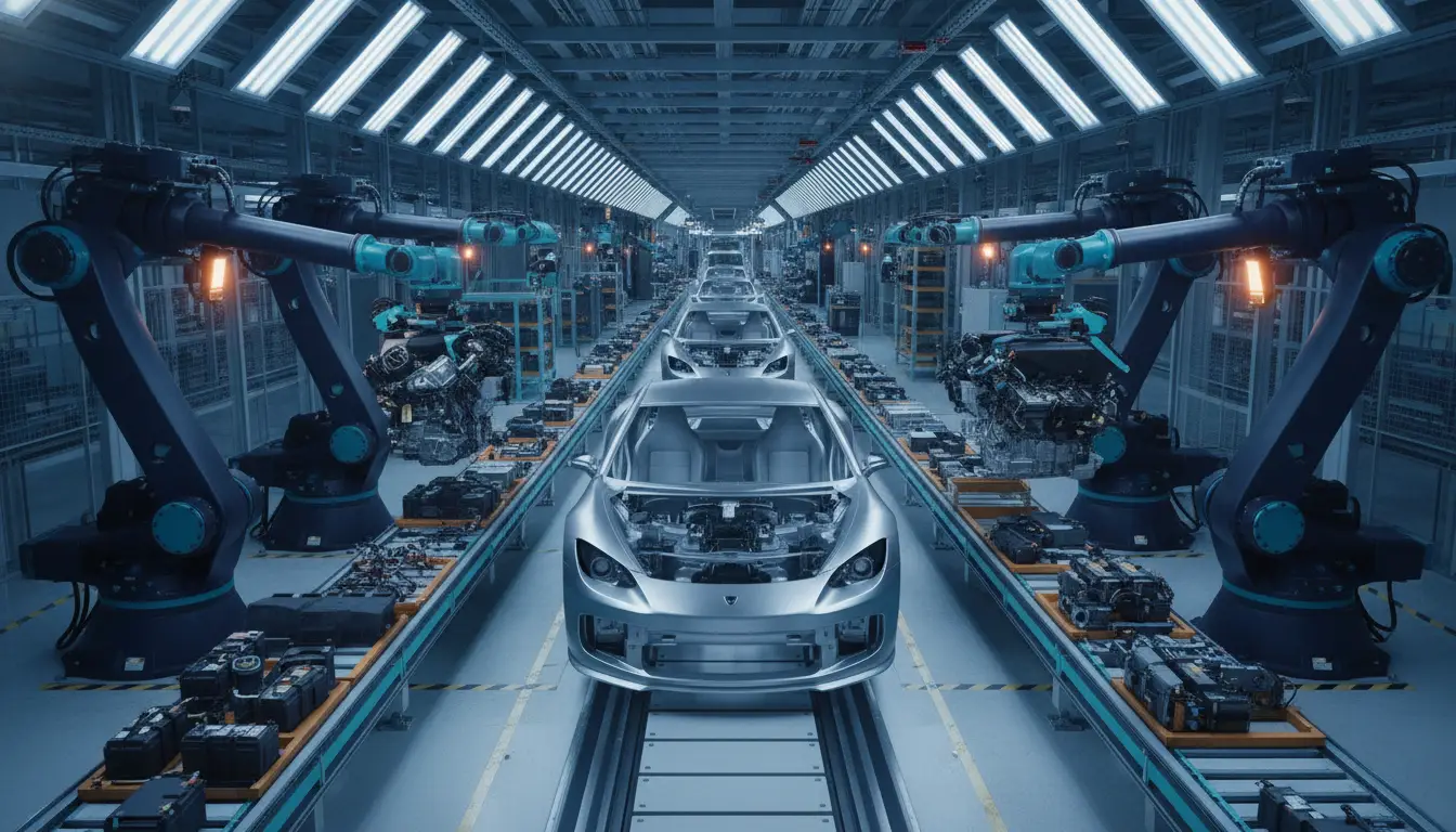 Robotic arms assembling silver cars on a production line in an industrial factory setting