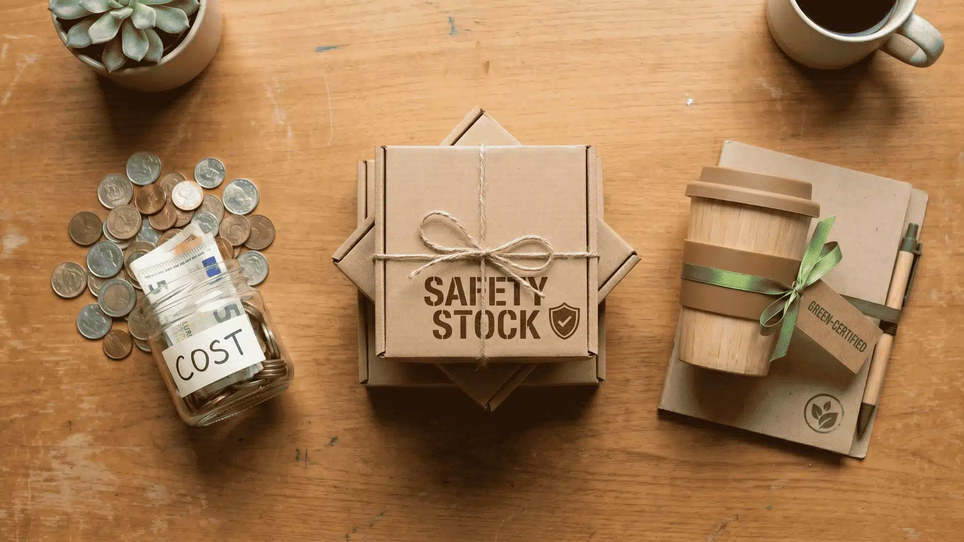 Coins, safety stock boxes, and green-certified items representing cost, resilience, and sustainability