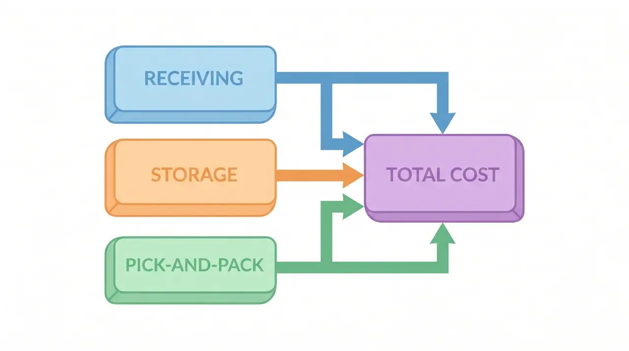 Flat diagram of three labeled cost blocks &mdash; receiving, storage, and pick-and-pack arranged in a tiered layout