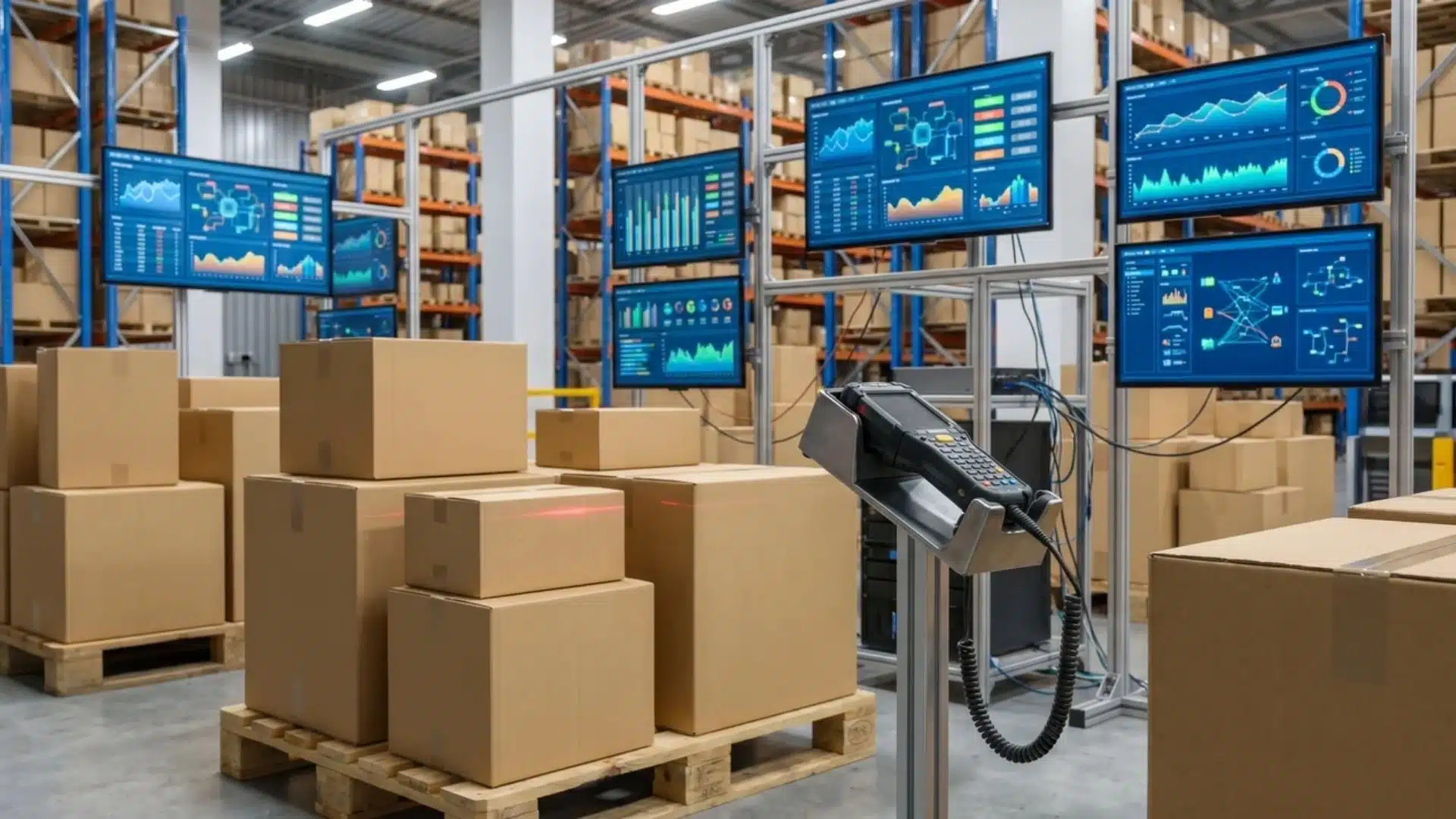 warehouse boxes with barcode scanner and digital inventory dashboards showing connected stock system across warehouse operations