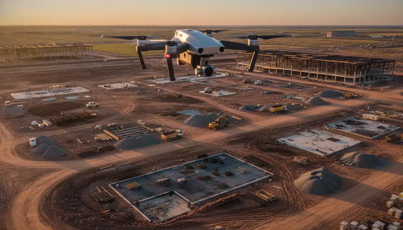 Drone flying over a large construction site at sunset with industrial buildings and machinery visible