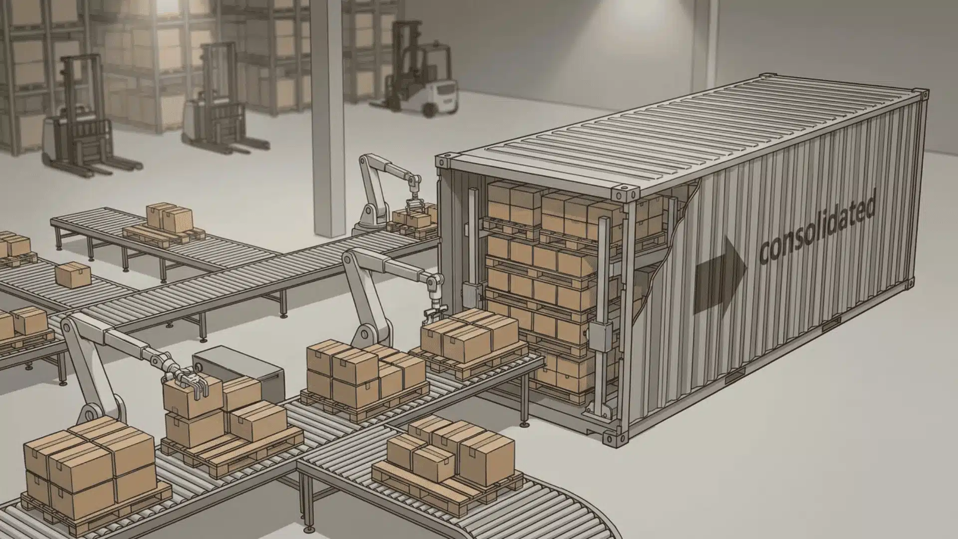 Animated pallets being organized into one container for freight consolidation