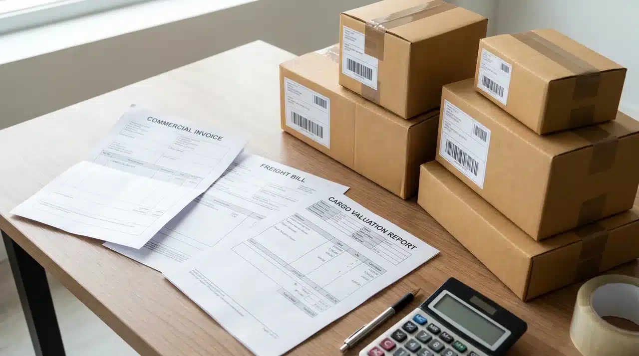 Commercial invoice and freight cost documents beside packaged cargo boxes