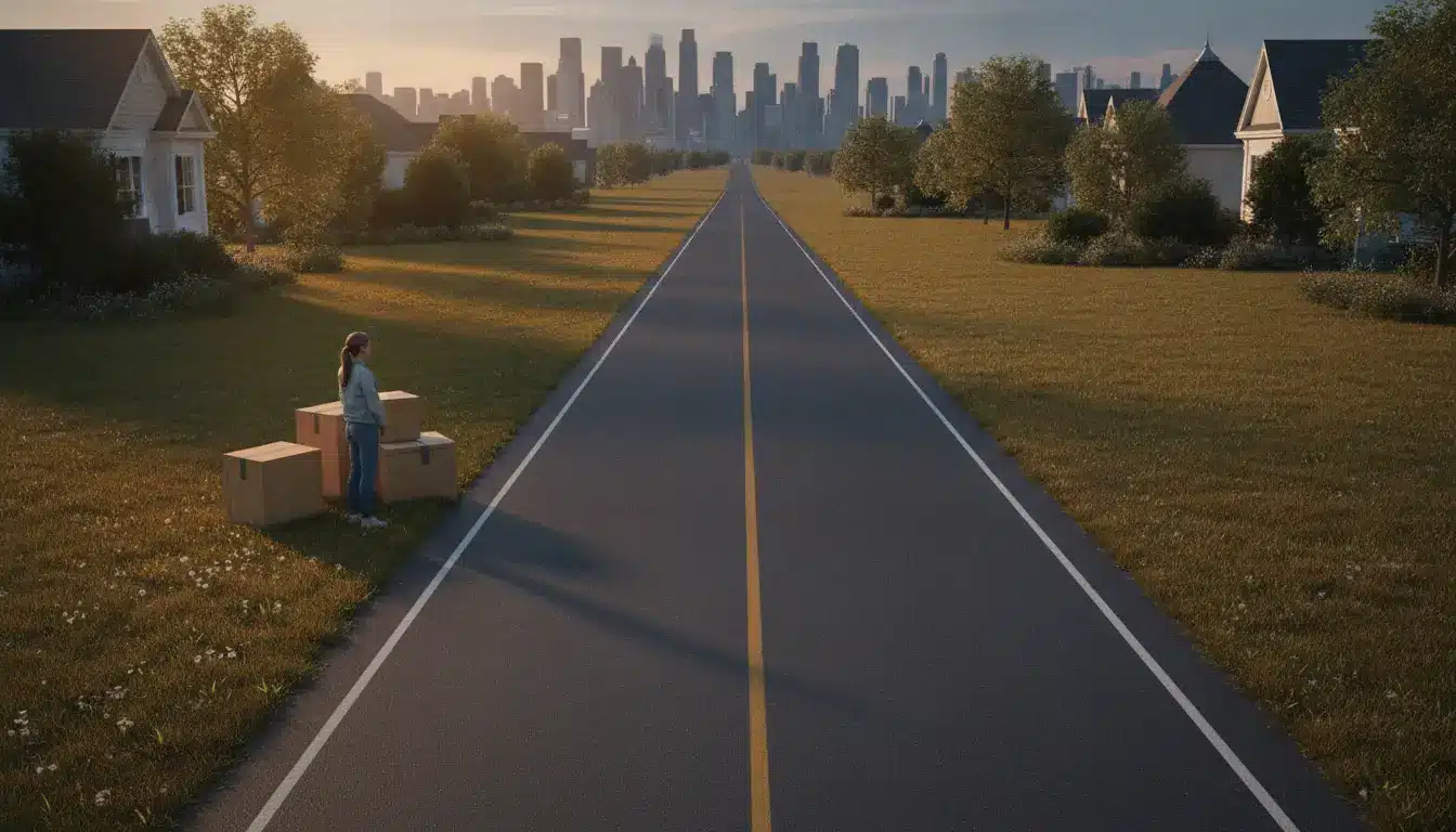 Person standing by cardboard boxes on rural road with city skyline in distance