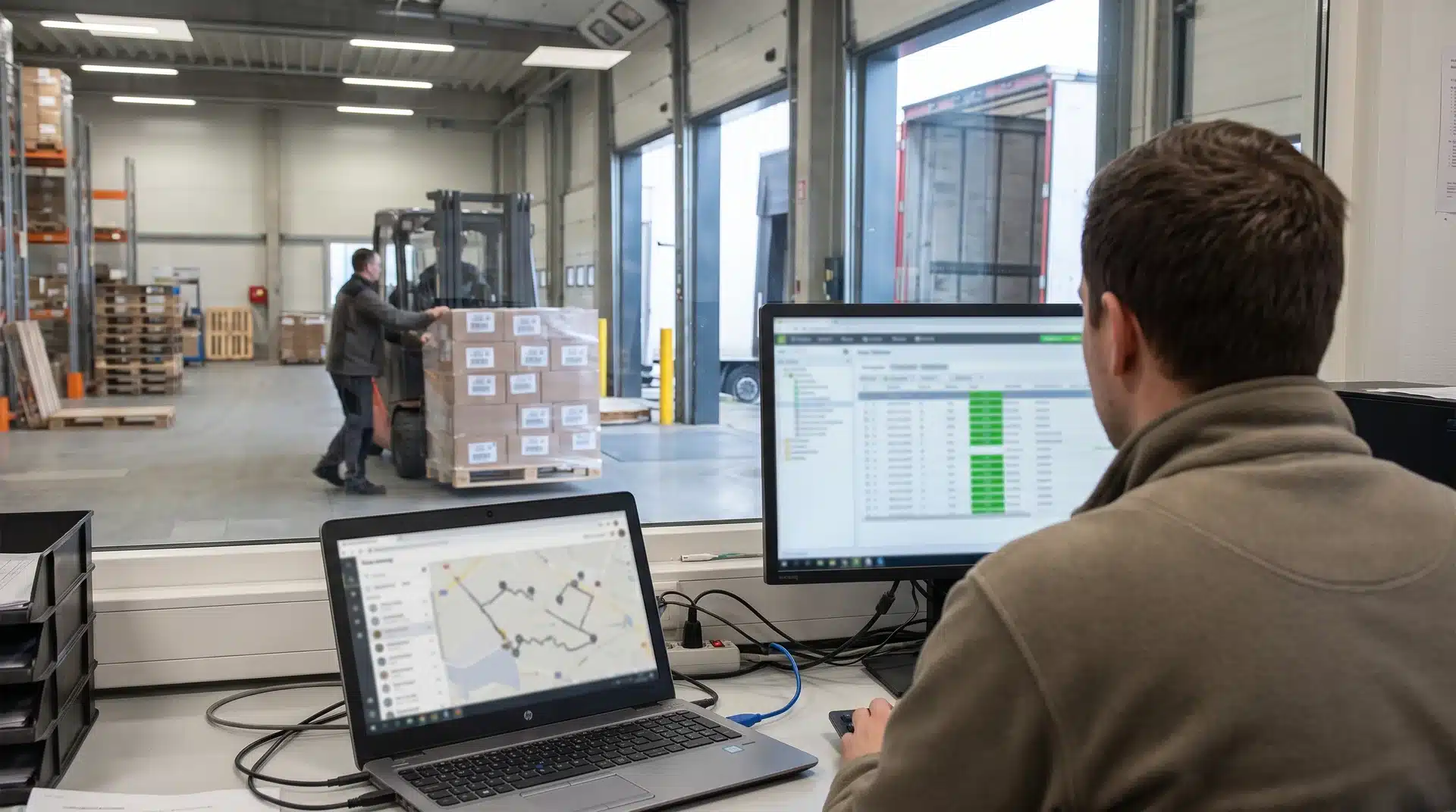 Warehouse workstation showing shipment data connected with inventory updates and order preparation.