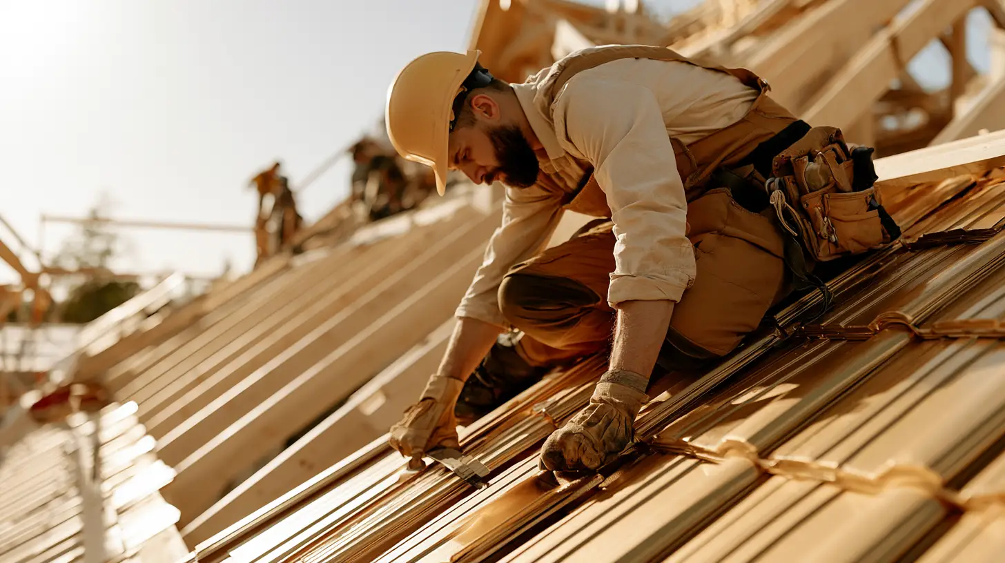Worker wearing a helmet installing metal roofing on a sunny day