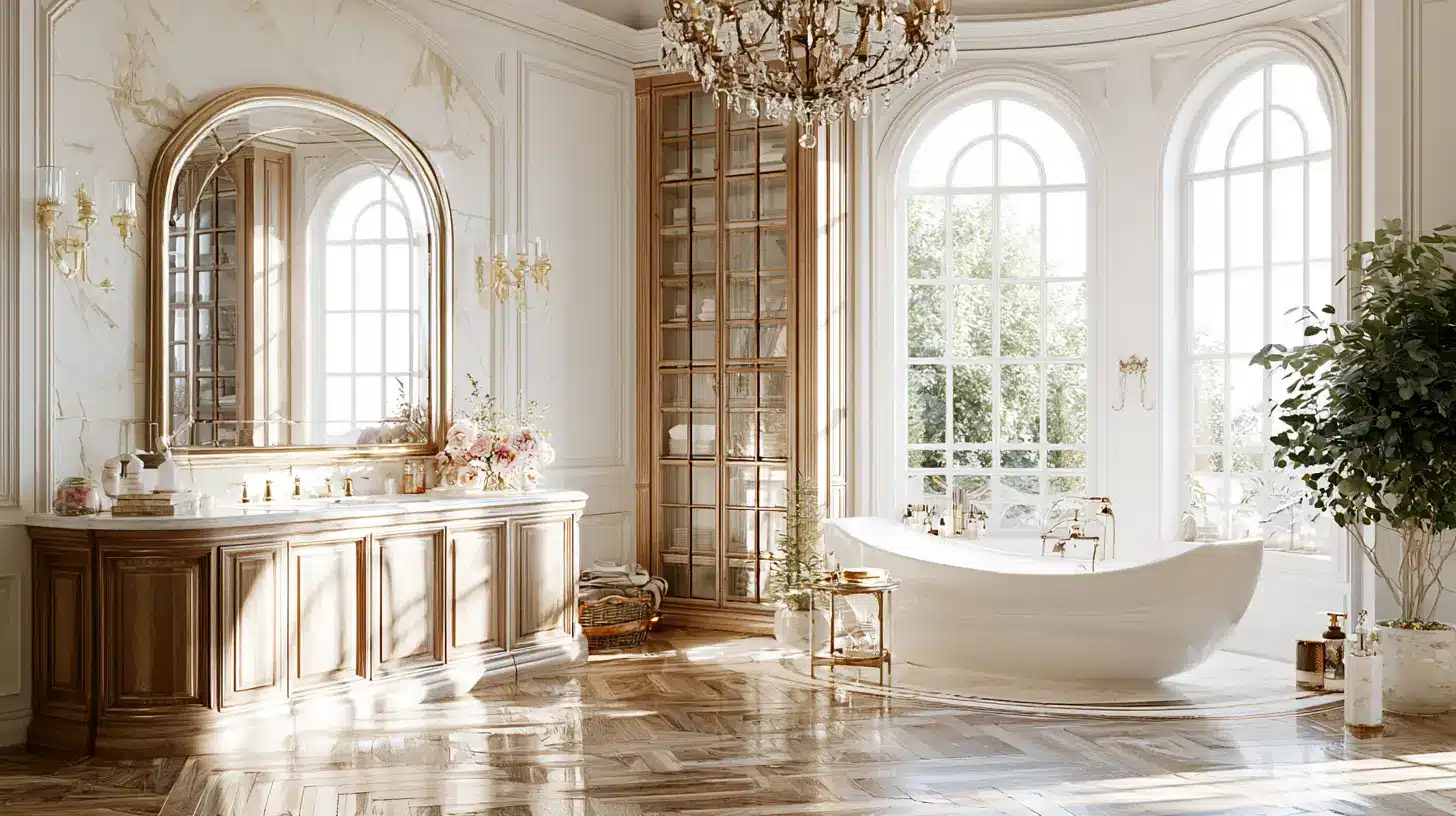 Luxurious bathroom with freestanding bathtub, large mirror, and chandelier in bright natural light