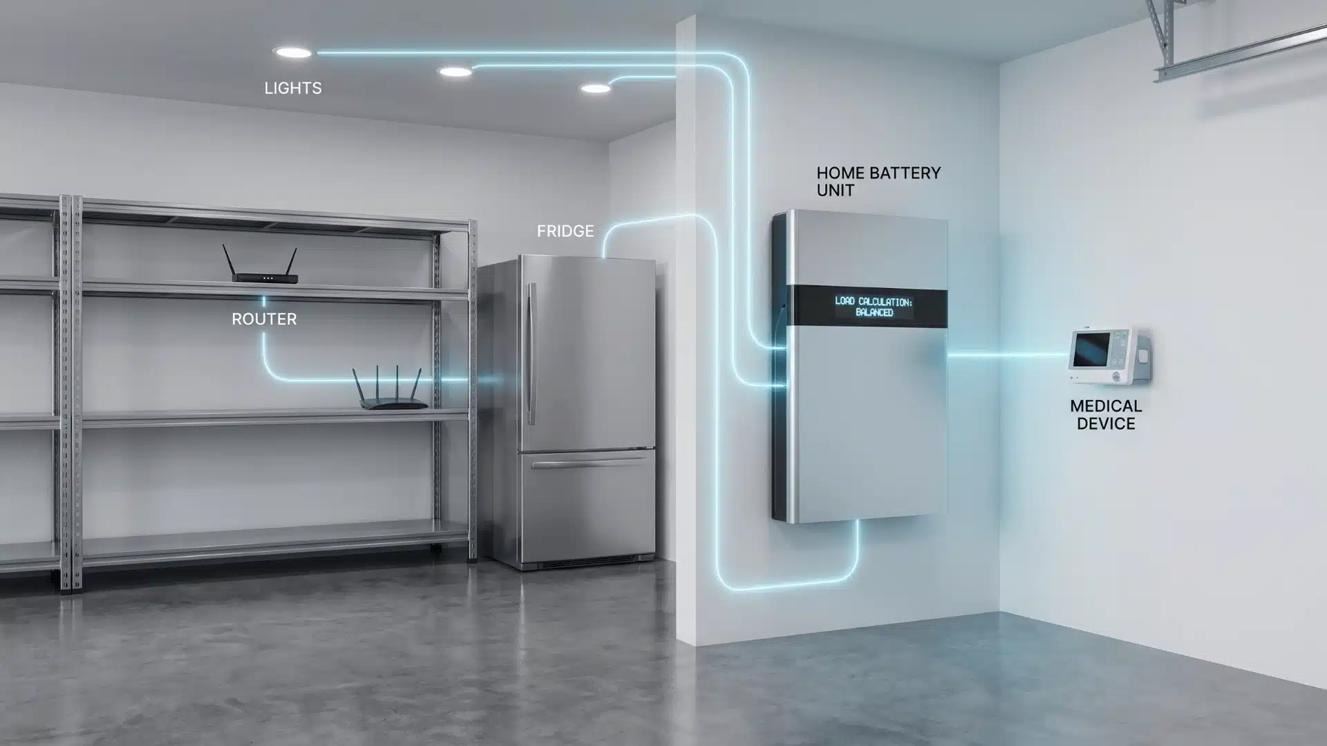 Home appliances connected to a battery system representing energy load calculation for sizing.