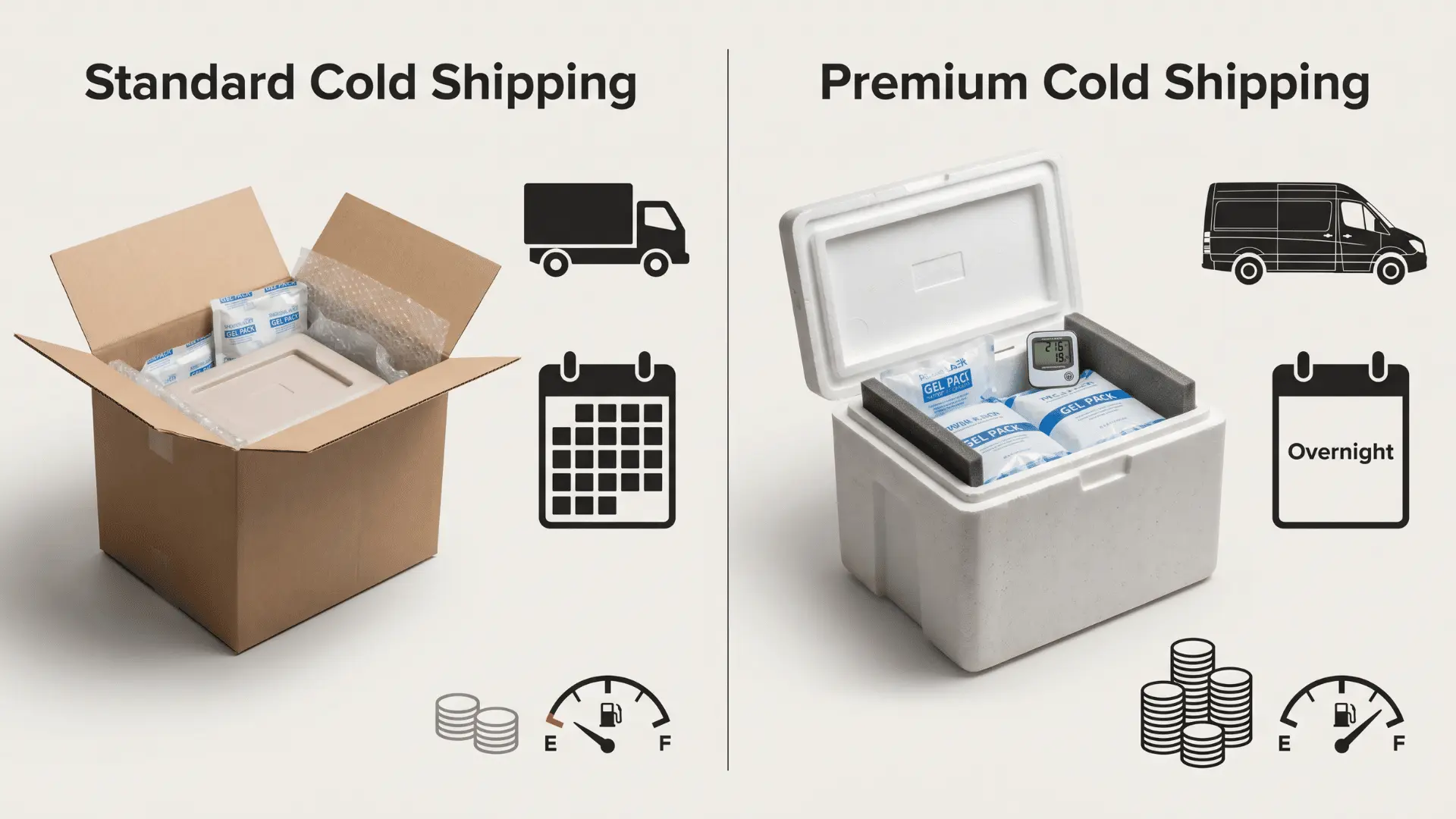 Visual breakdown of cold shipping costs showing packaging and delivery speed factors.
