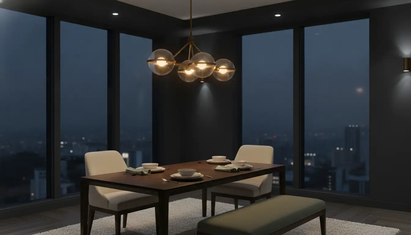 Dining table set for four with modern chandelier in dimly lit room with large windows