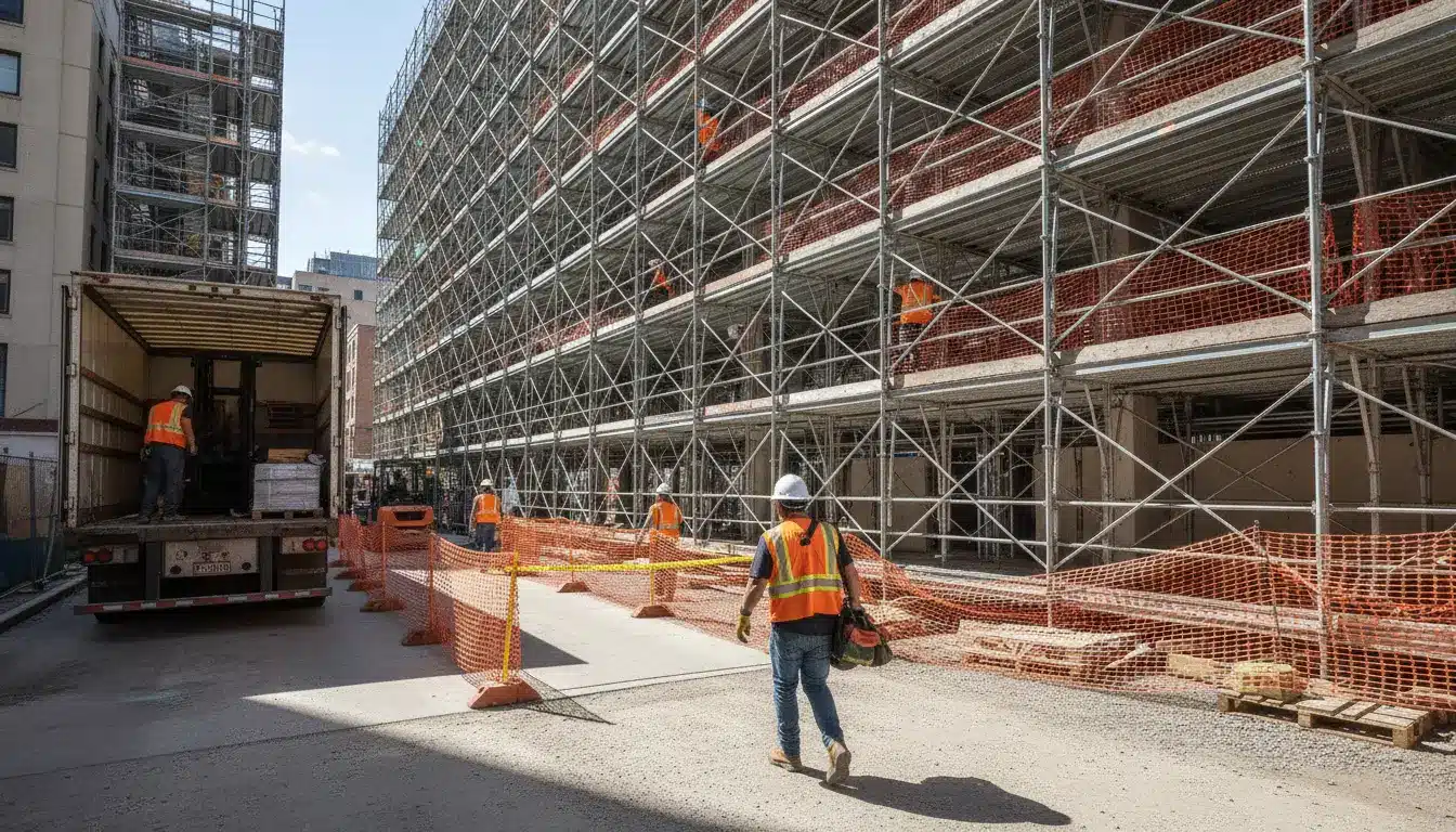 Construction workers in orange vests near scaffolding and open truck in urban setting