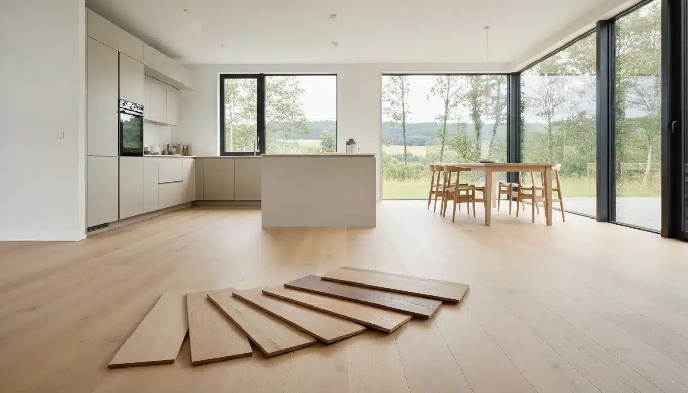Modern kitchen and dining area with wooden flooring samples on light oak floor