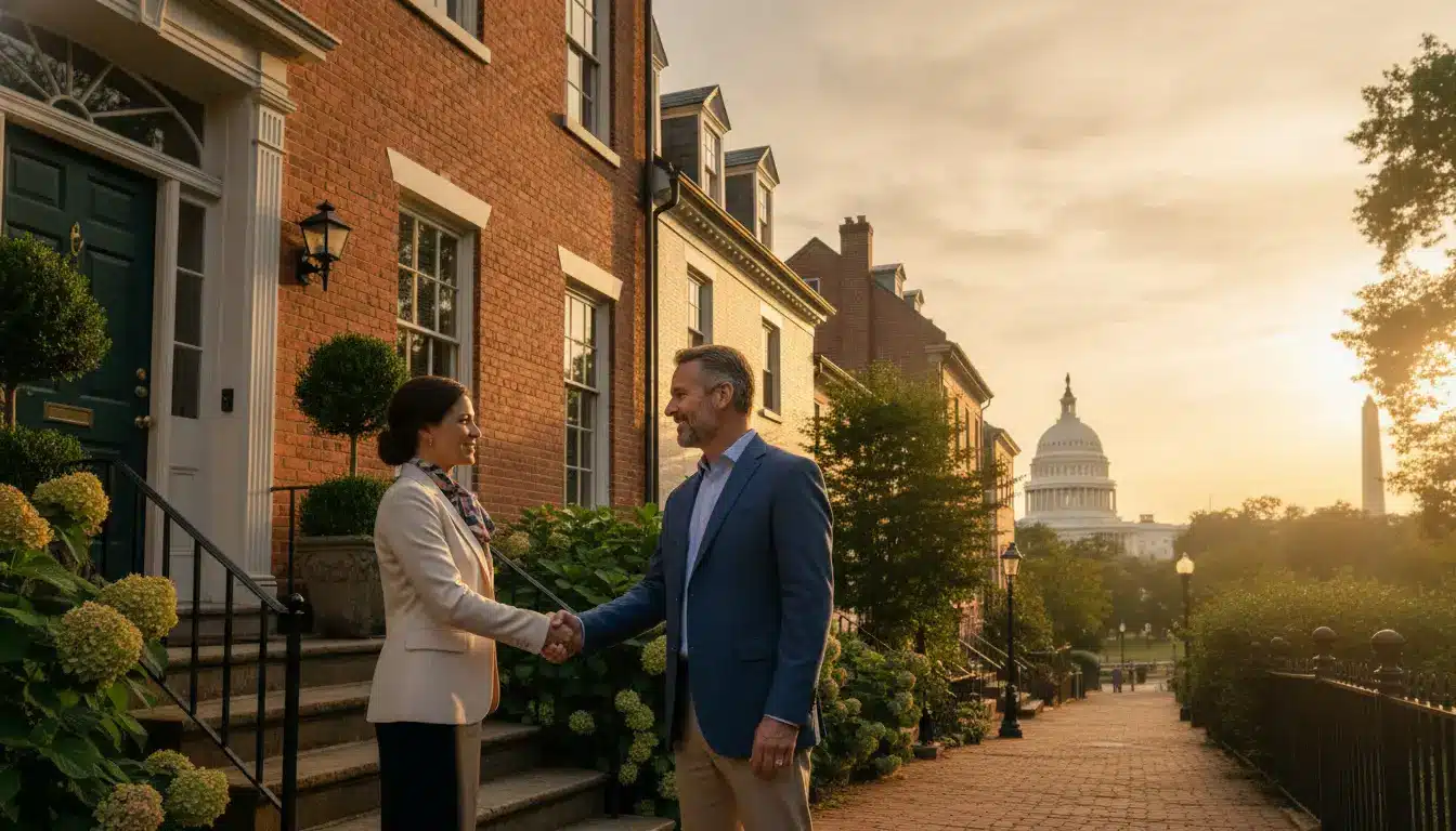 Two people shaking hands on a brick sidewalk with Capitol building in background