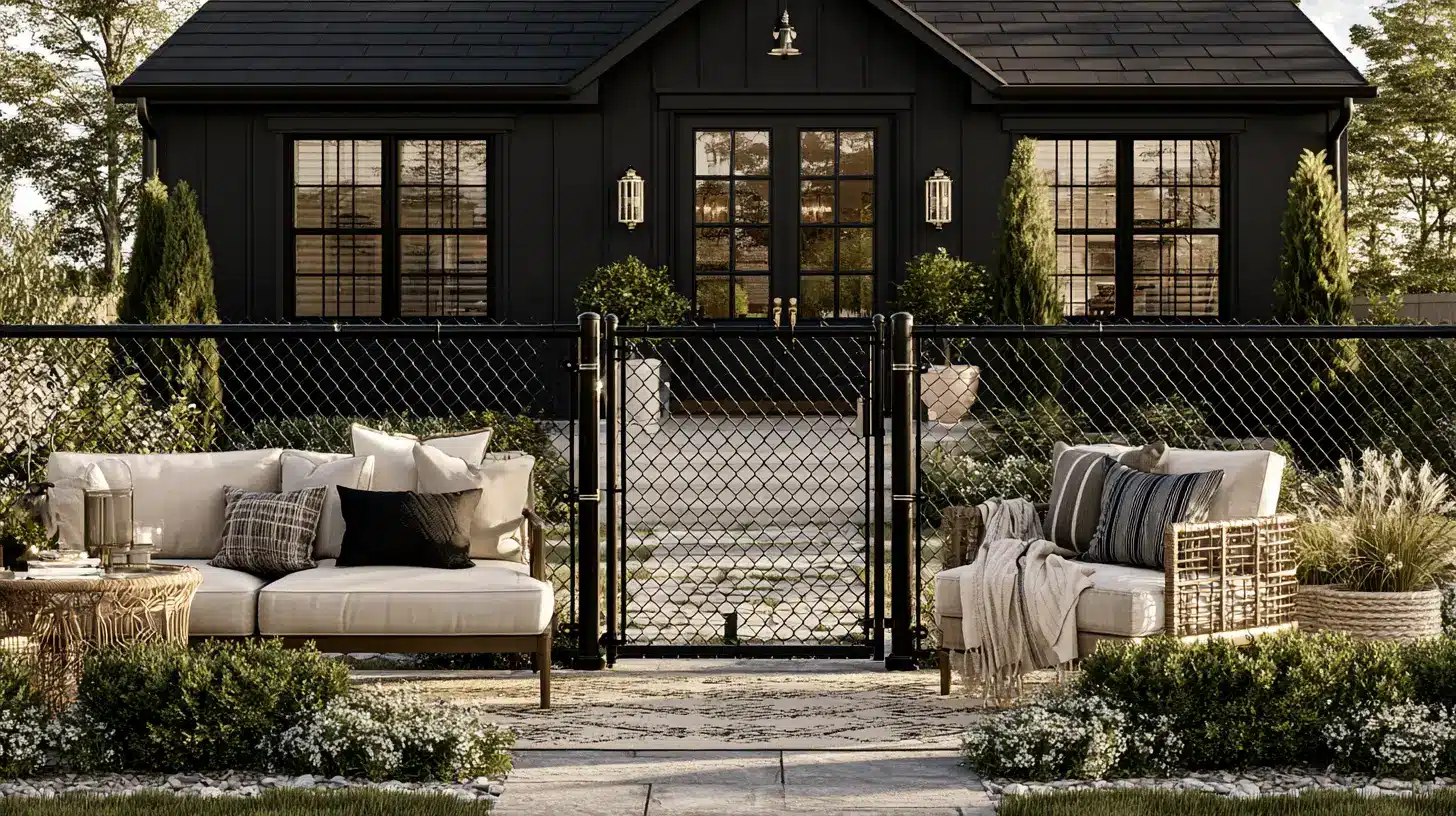 Outdoor seating area with beige sofas and decorative pillows in front of a black house and garden gate
