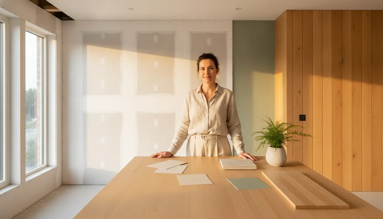 Woman standing at light wooden table with design samples in sunlit modern room