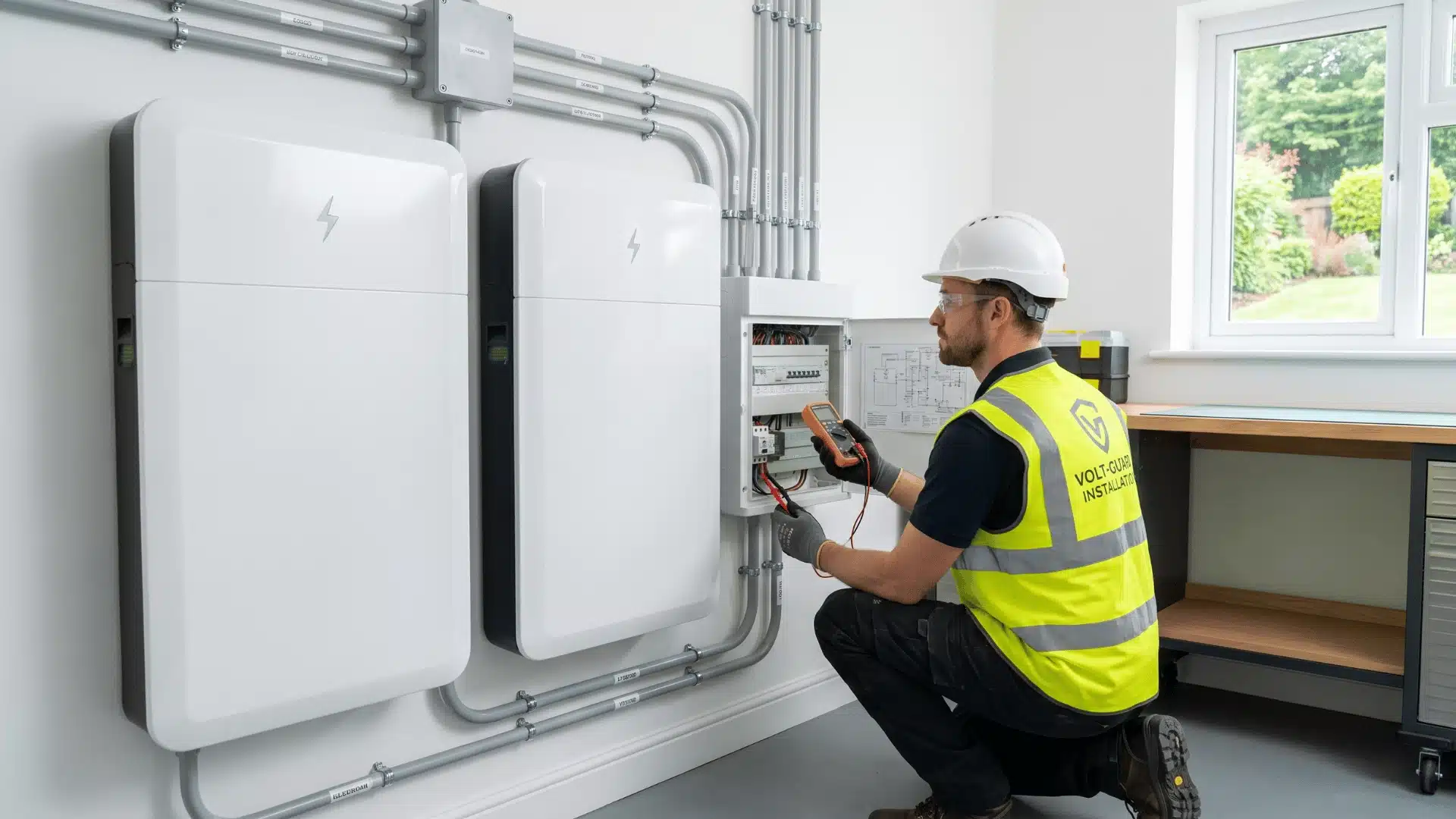 Professional installer checking home battery system and electrical connections in utility room.