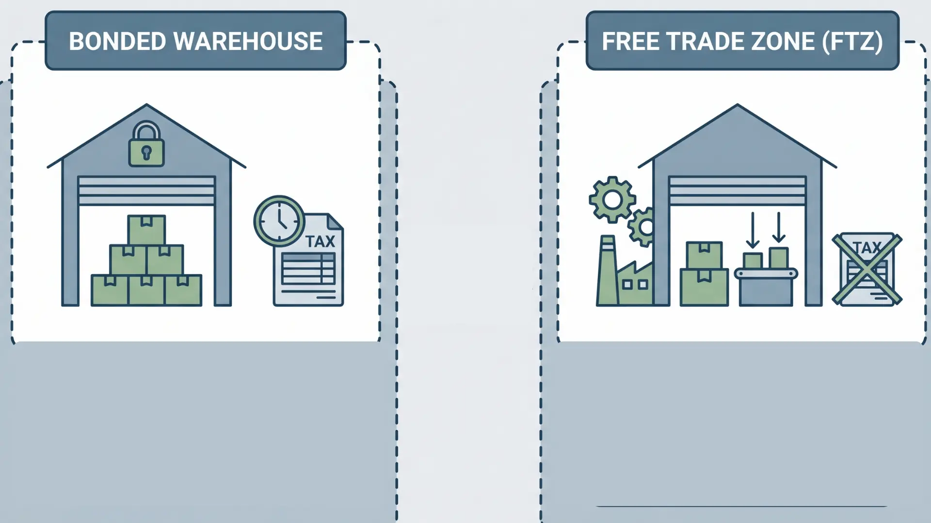 Illustration comparing a bonded warehouse and a Free Trade Zone (FTZ), showing storage, manufacturing, and duty deferral features.