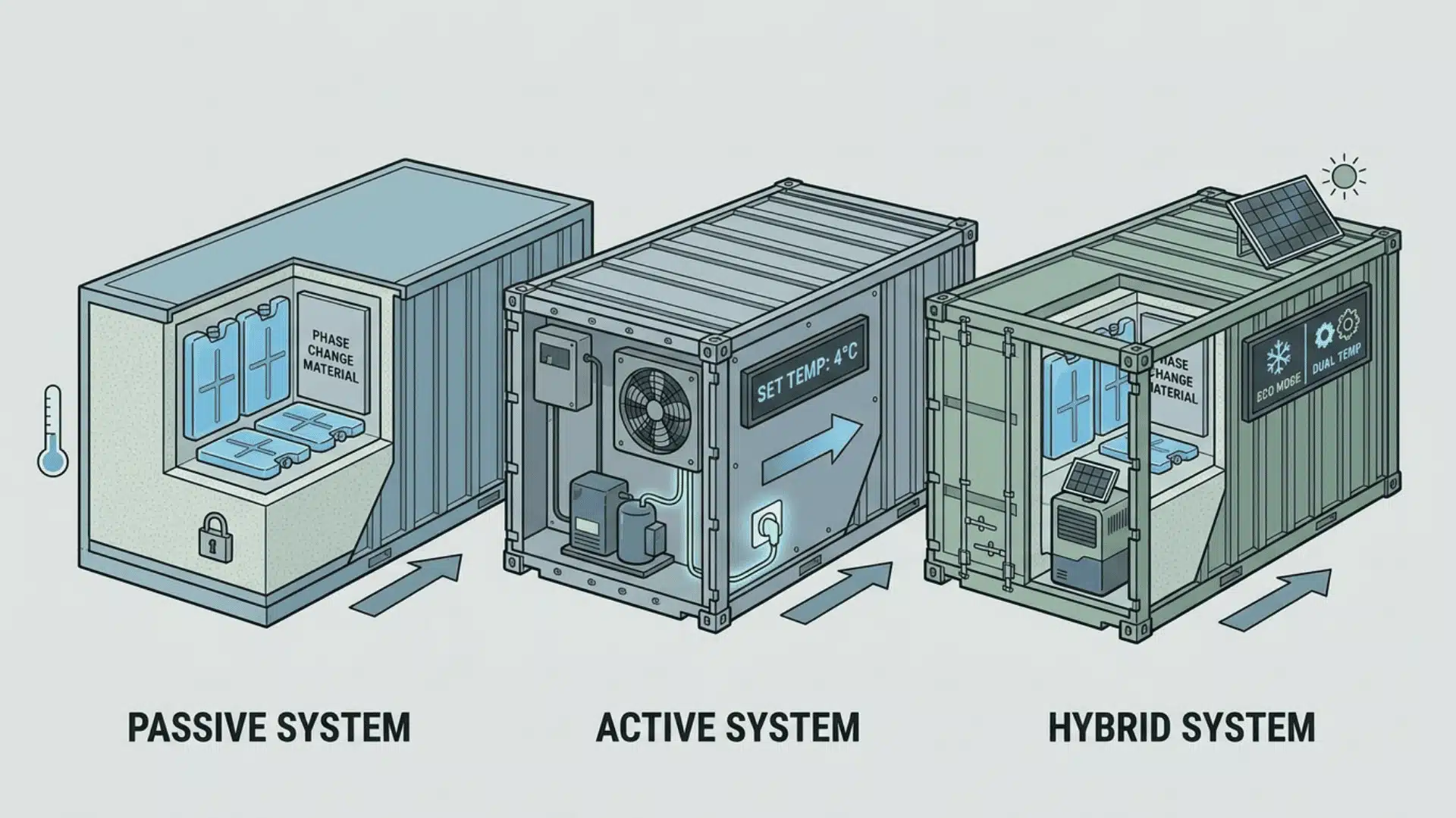 Illustration showing passive, active, and hybrid temperature-controlled systems with visual indicators of how each works.