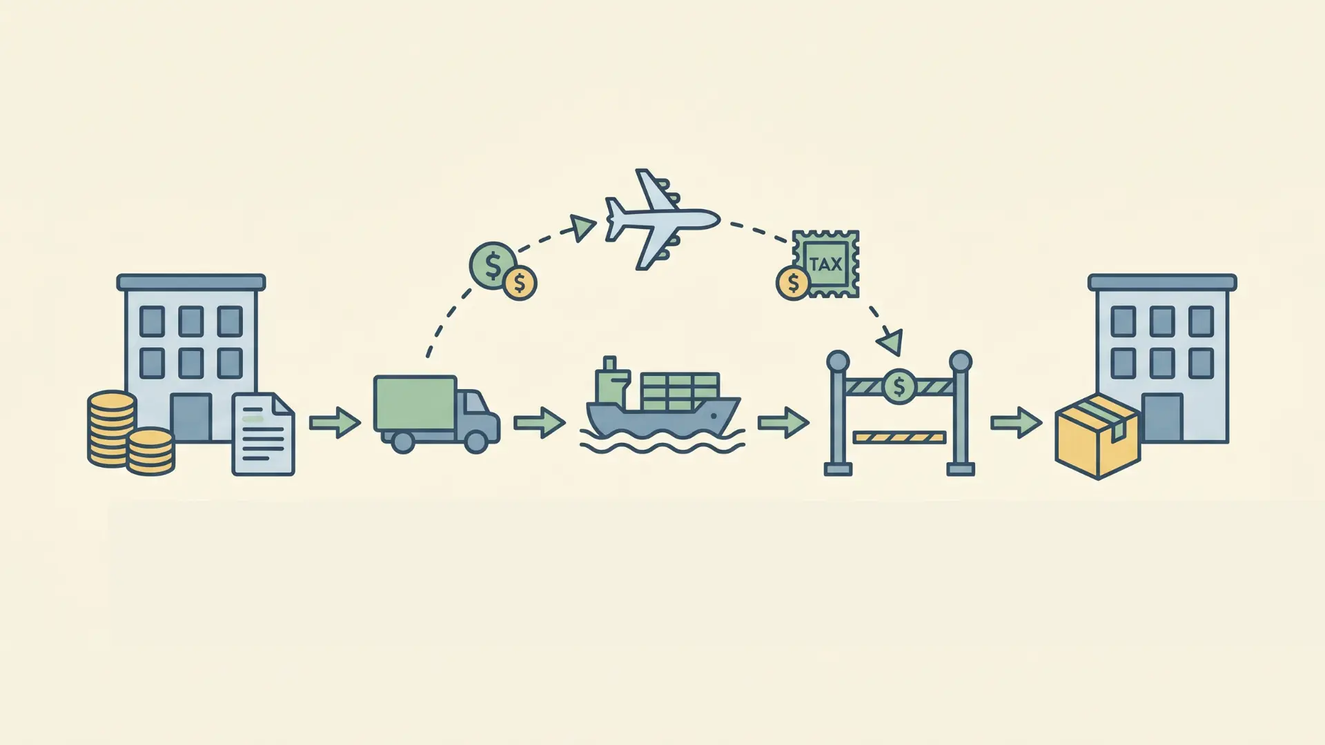 Import shipping process showing transport by truck, ship, and plane with customs duties and taxes before final business delivery.