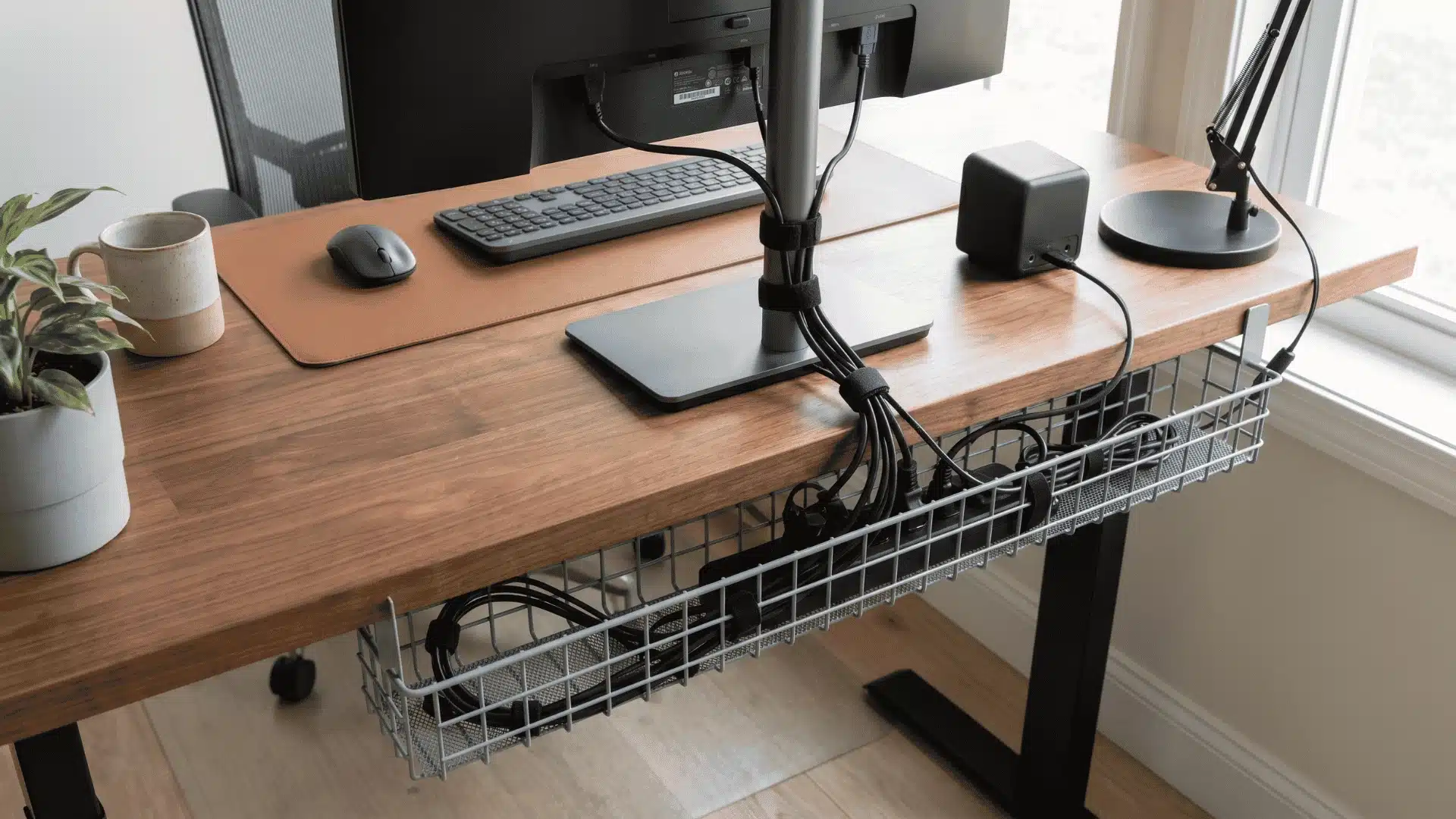 Desk with organized cables using Velcro straps and under-desk cable tray