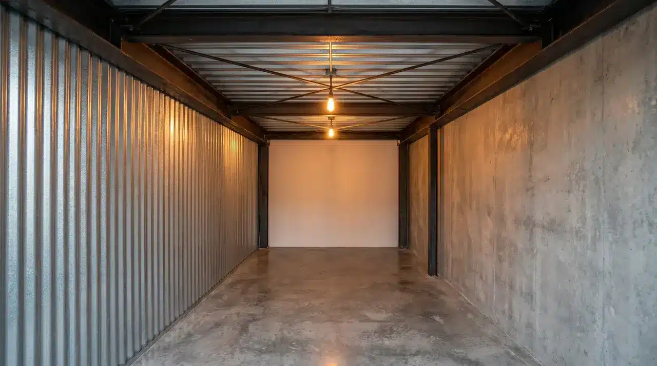 Container home interior with exposed steel ceiling, concrete floor, and corrugated metal wall panel