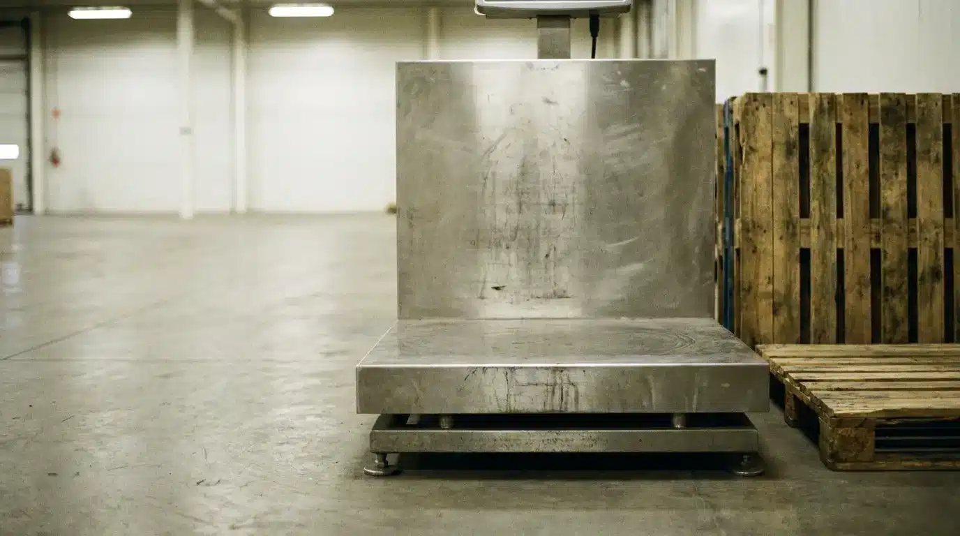 Industrial weighing scale on concrete floor in warehouse setting next to wooden pallets