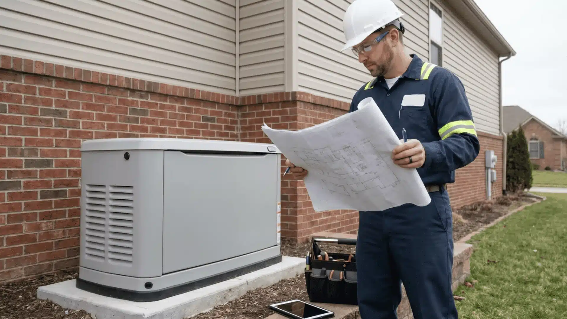 Inspector reviewing outdoor standby generator installation