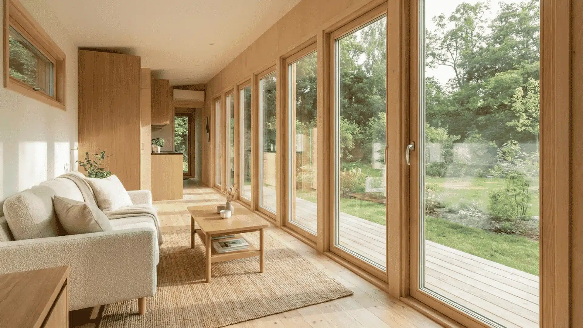 Tiny home interior with full-height windows along a long wall