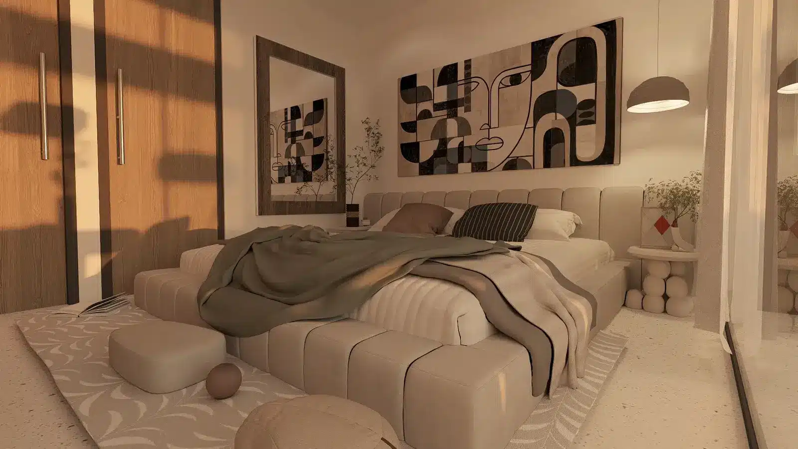 Cozy modern bedroom with abstract wall art and warm lighting illuminating the bed