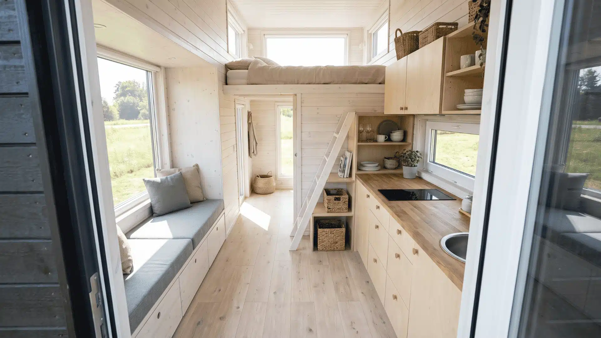 Tiny home interior with open layout, built-in storage, kitchen, loft, and large windows