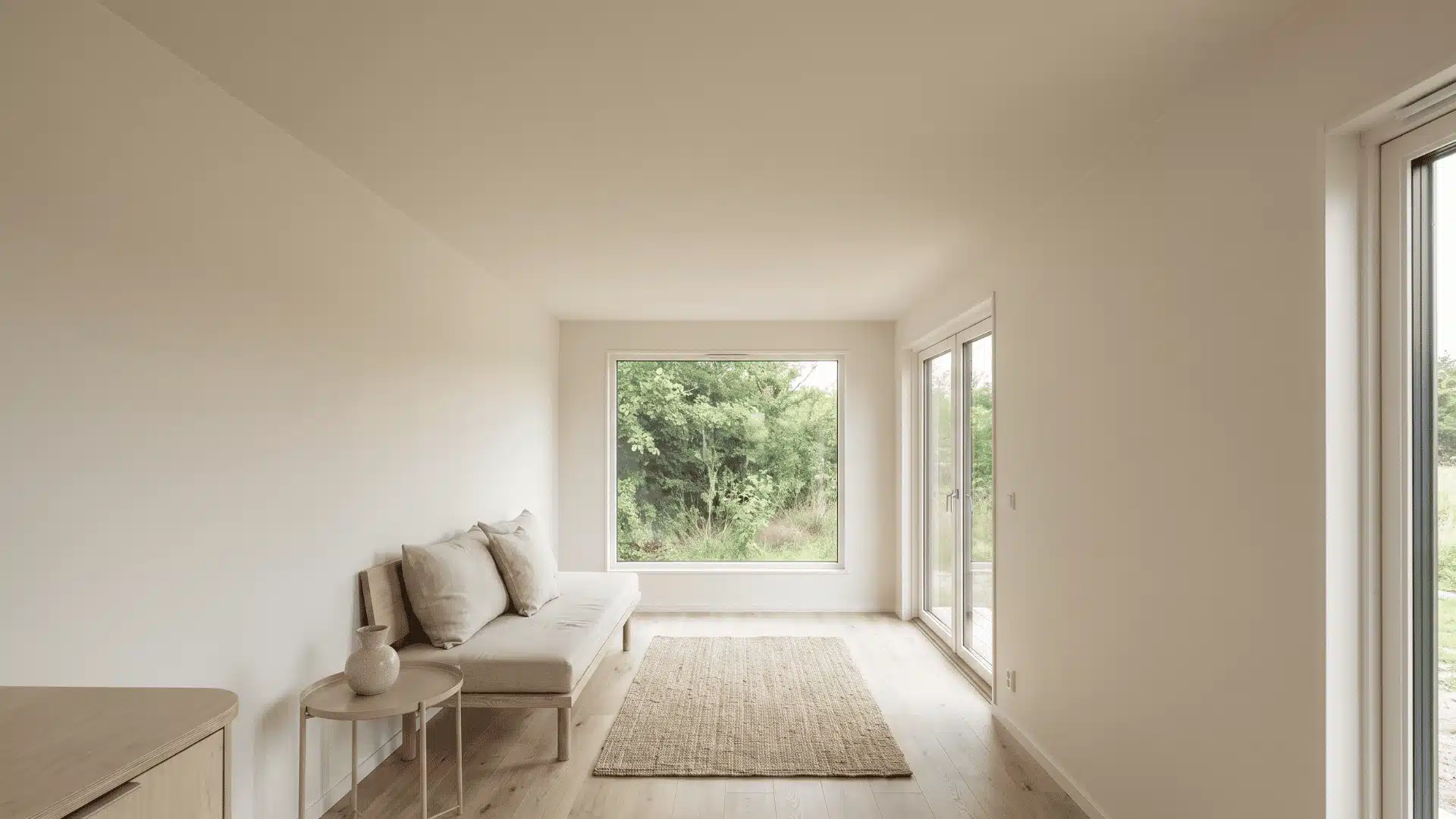 Small home interior with a light continuous ceiling and matching upper walls