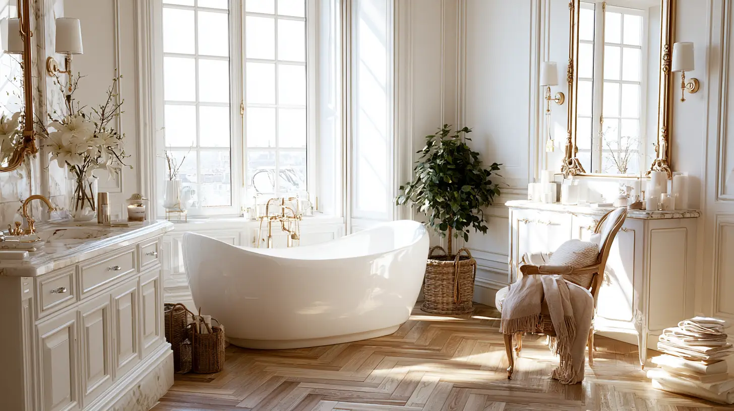 Luxurious bathroom with freestanding bathtub, elegant mirrors, and natural light streaming in