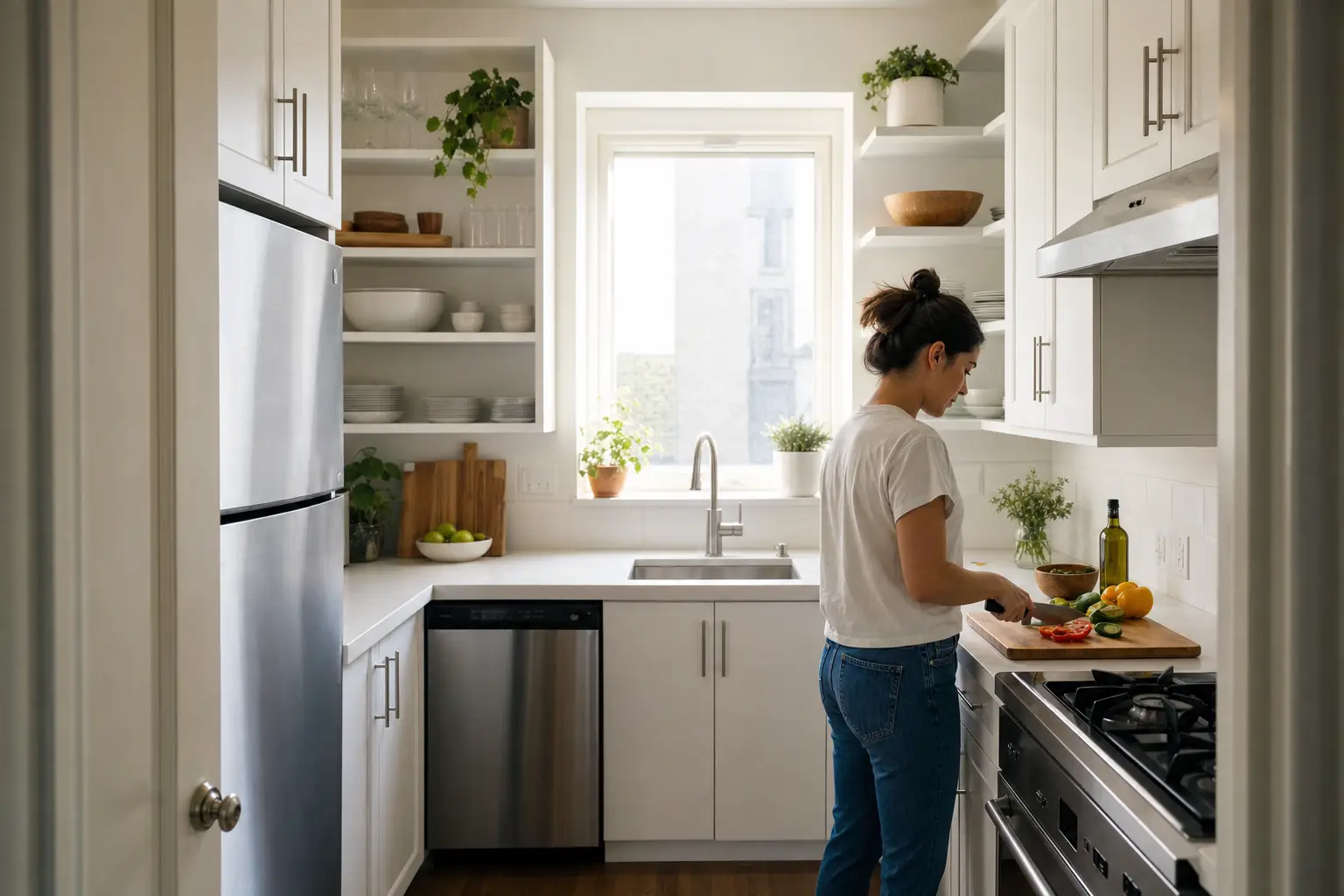 Woman chopping vegetables on a wooden board in a bright, modern kitchen