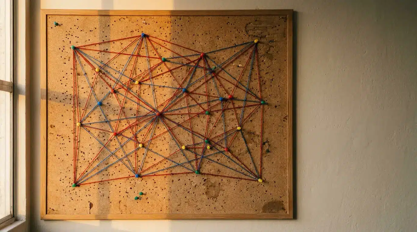 Multicolored string art on cork board with pushpins in warm sunlight