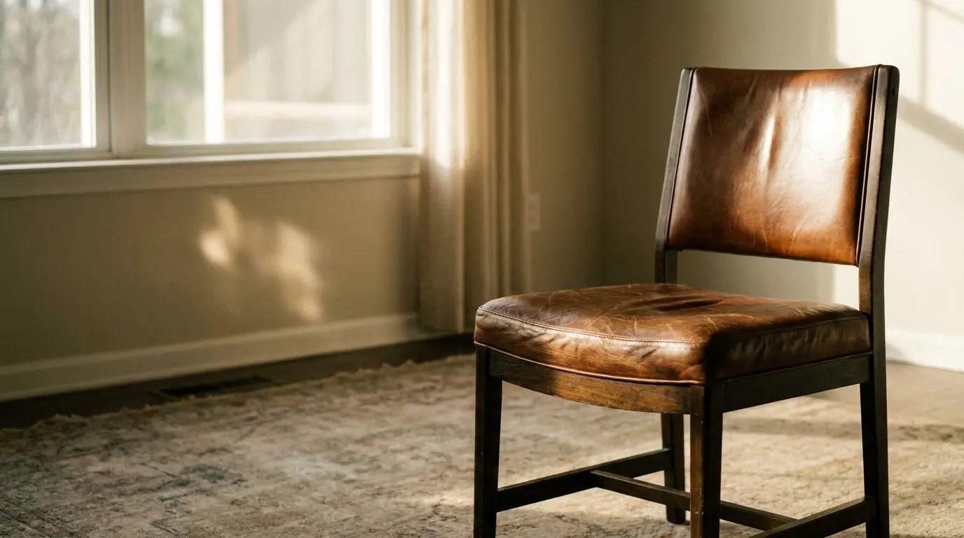 Brown leather chair in sunlit room with large window and textured rug