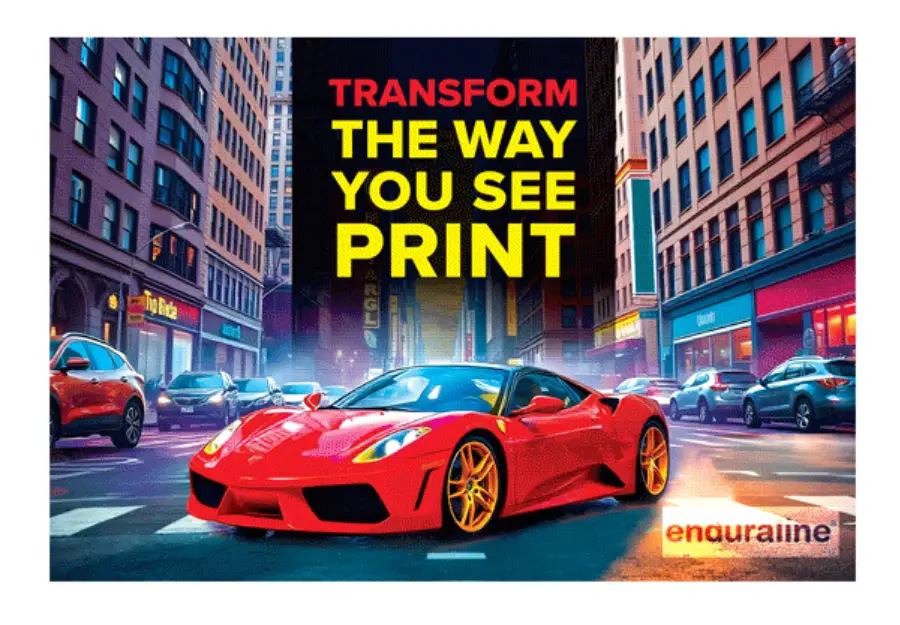 Red sports car driving on city street surrounded by tall buildings and colorful traffic