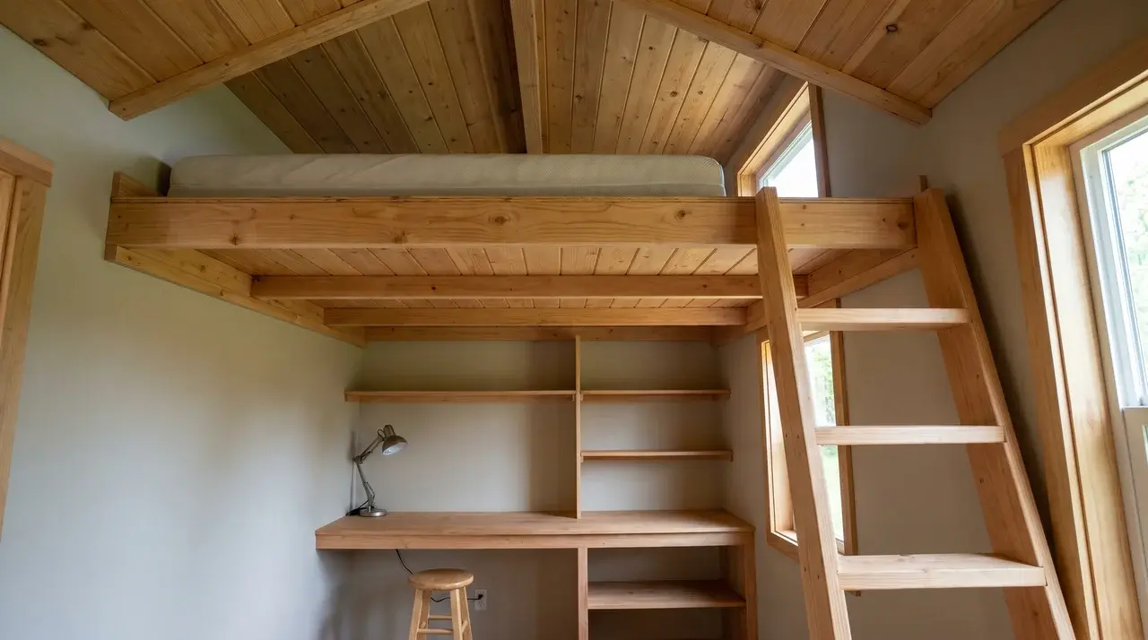 Sleeping loft with mattress platform, visible ceiling clearance above, and desk area in the open space below