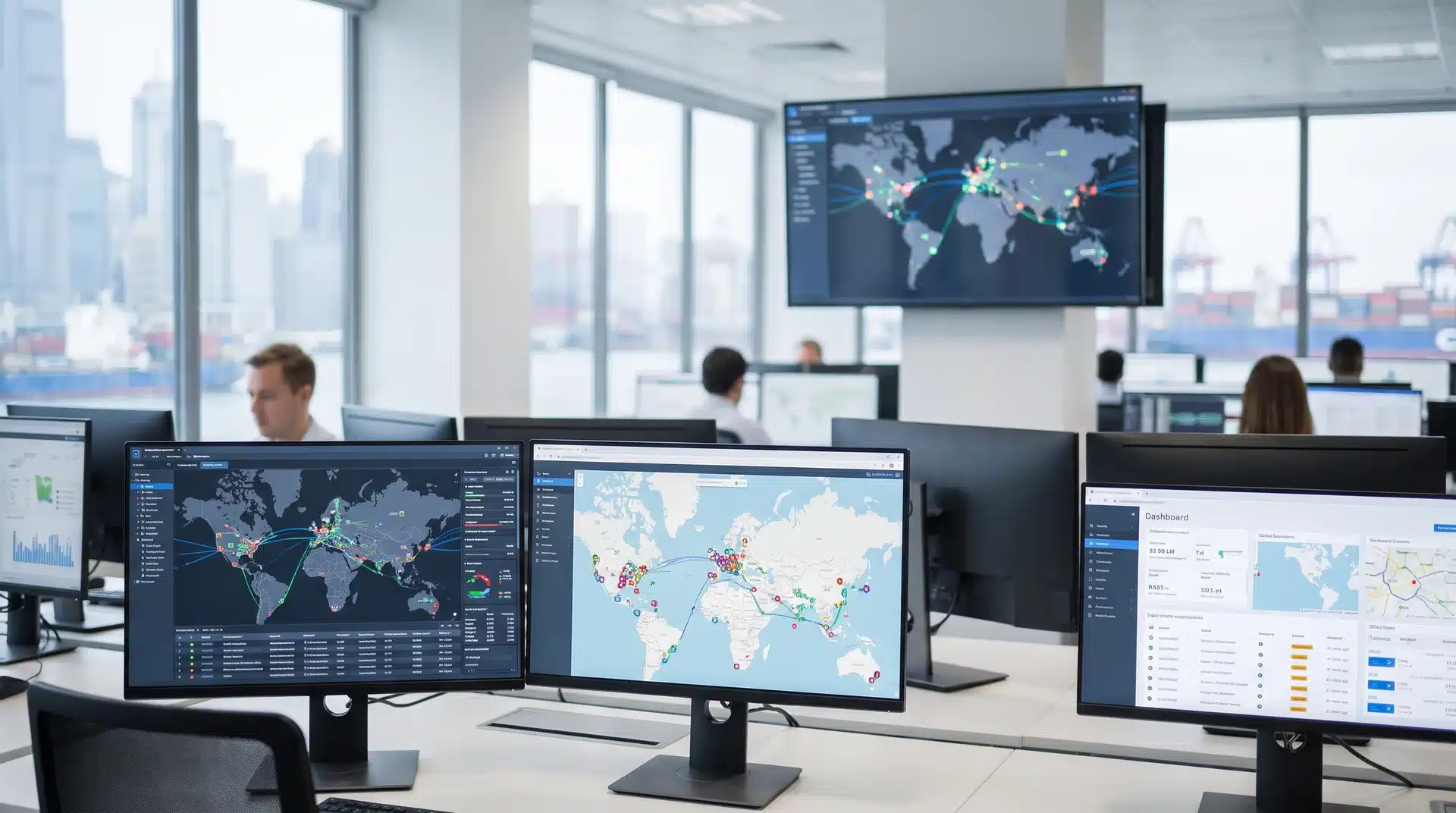 Enterprise logistics software dashboard showing global shipments, carriers, warehouses, and supply chain data.