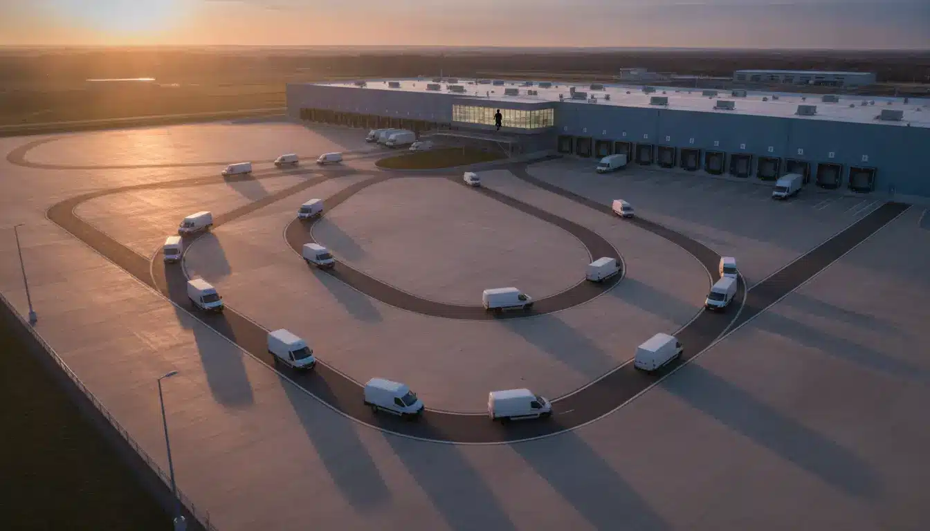 Delivery vans arranged in formation at large distribution center during sunset
