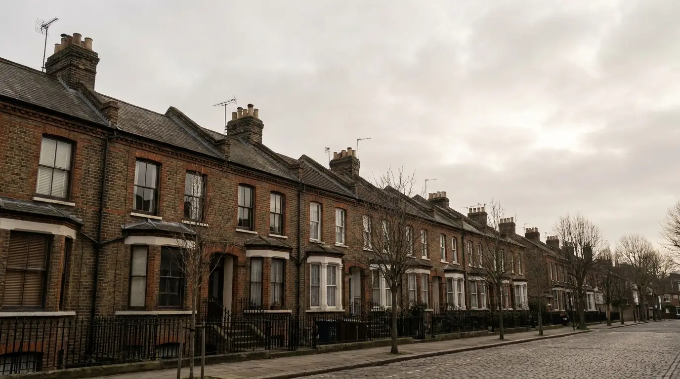 Row of traditional brick houses on an overcast street with bare trees